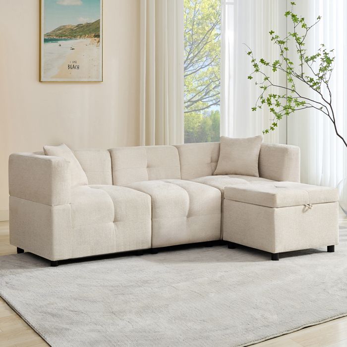 Canapé dAngle 3 Places en L avec Rangement Pouf Amovible 2 Coussins pour Salon Bureau