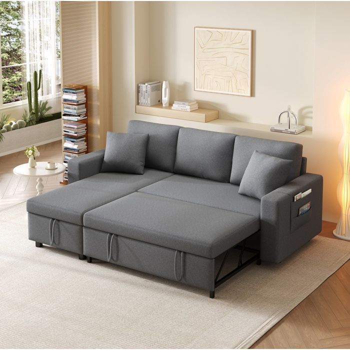 Canapé dangle convertible réversible 3/4 places en tissu gris avec coffre de rangement et 2 coussins