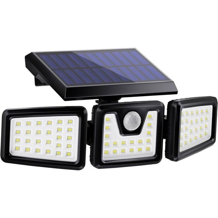 Applique murale solaire 3 têtes 74 LED détecteur mouvement étanche IP65 jardin extérieur Applique murale solaire 3 têtes 74 LED détecteur mouvement étanche IP65 jardin extérieur