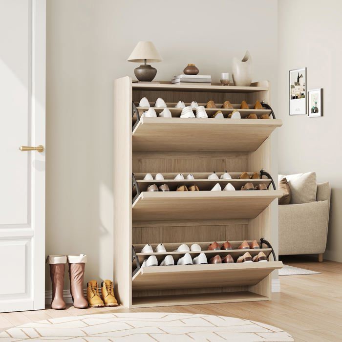 Armoire chaussures étroite - 3 tiroirs - Étagères réglables - MDF - Anti-bascule - Entrée/couloir - 80 × 26 × 117 cm - Chêne