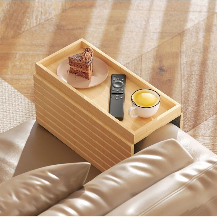 Tablette dAccoudoir Bambou Canapé - Plateau Pliable Snacks Boissons TV