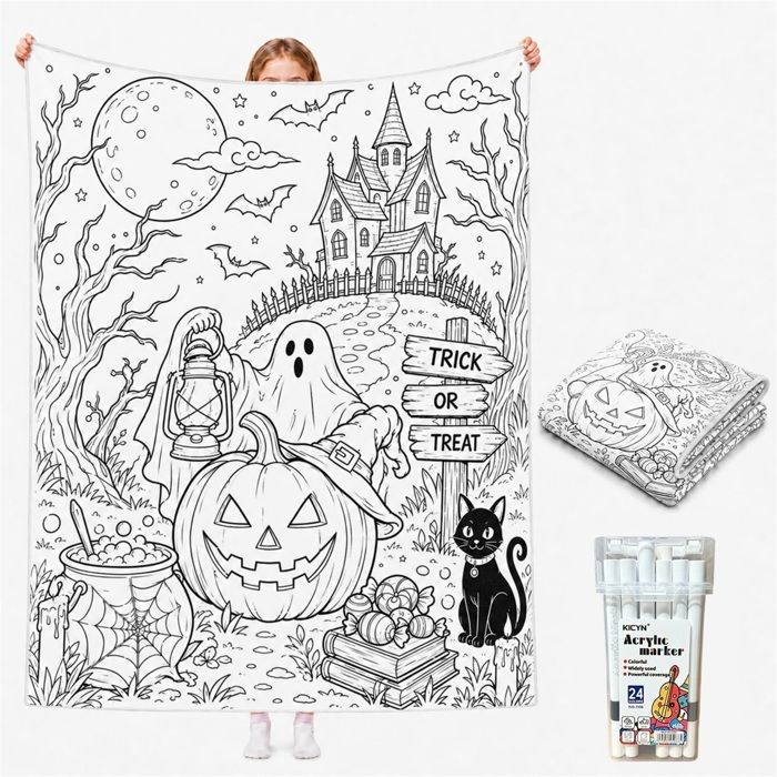 Couverture a Colorier DIY avec 24 Marqueurs de Couleurs Plaid à Colorier Halloween pour Adulte Couverture Coloriage Lavable
