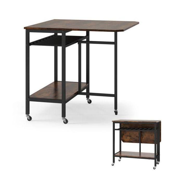 Style industriel table de cuisine pliante avec roulettes rangement ouvert et porte-bouteilles pour petits espaces