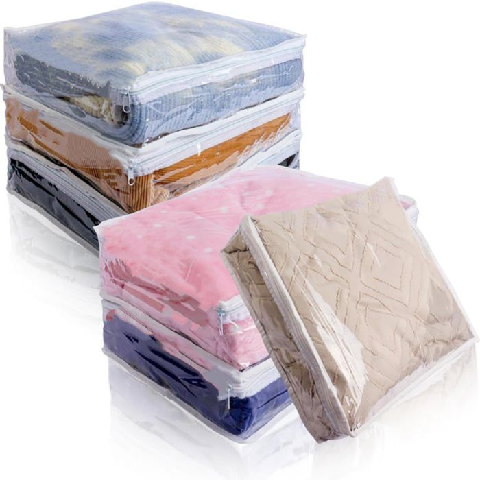 Lot de 6 Sacs de Rangement Plastique Transparent avec Fermeture Éclair pour Pulls Couvertures Draps et Organisation du Placard