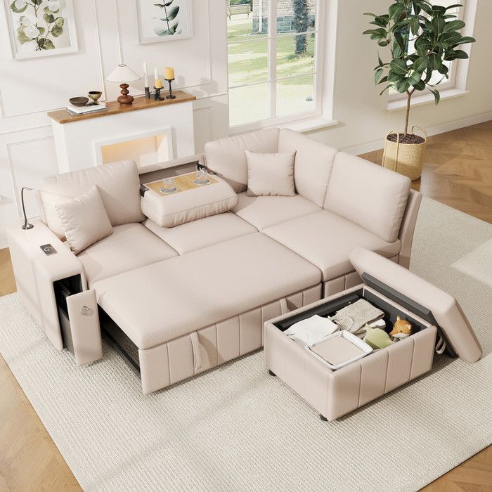 Canapé Convertible 5 Places en L avec LED et USB C et Rangement Grand Canapé dangle avec Table Pliable Canapé Lit Modulable Beige
