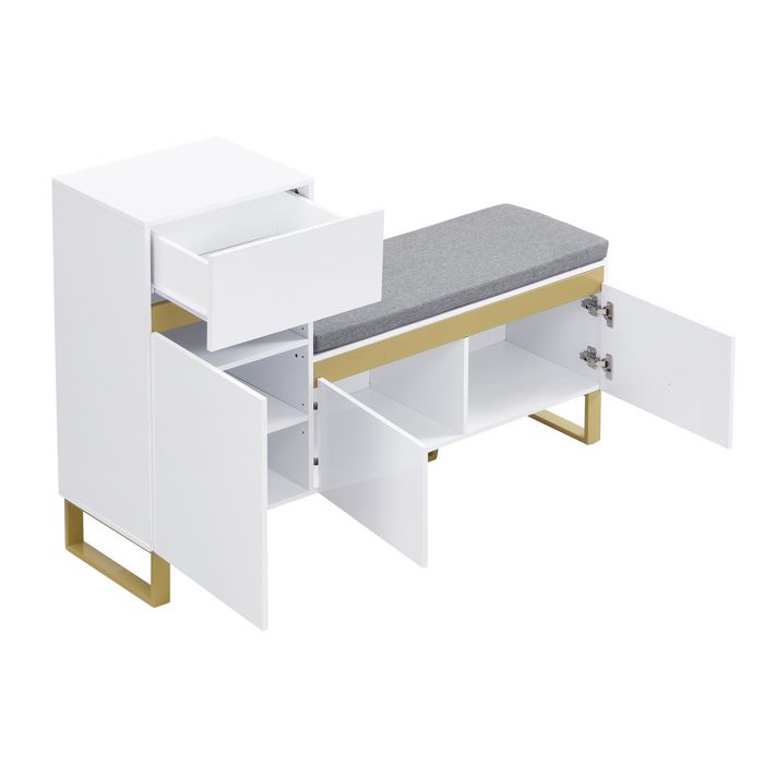 Meuble à chaussures avec banc rembourré 2 portes tiroir et rangement ouvert MDF blanc 120 x 35 x 85 cm