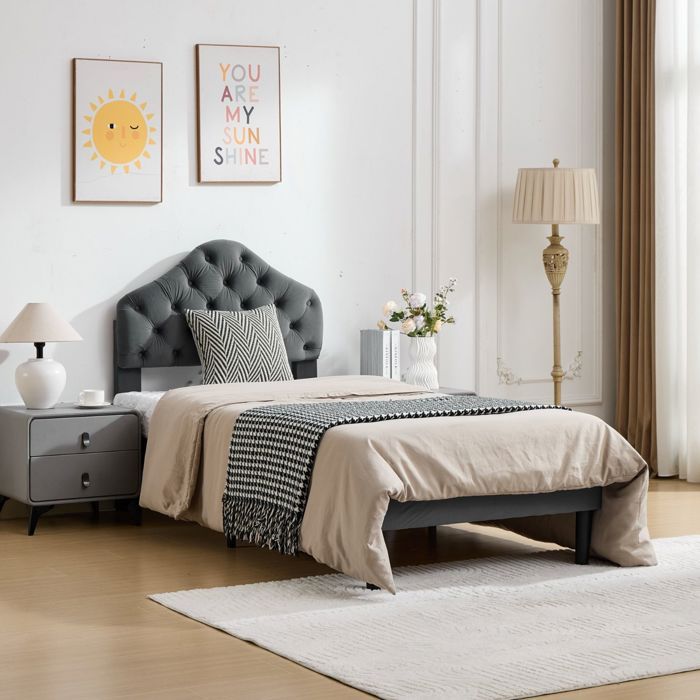Lit plateforme rembourré 90x200 cm en velours gris avec tête de lit réglable
