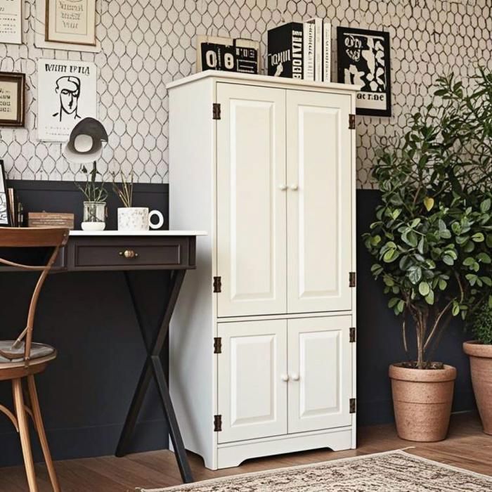 Armoire de Rangement Multi-Usage GIANTEX-56x30x123CM-4 Porte+2 Étagère Réglable à 5 Position-Anti-basculement-Chambrecuisine-Blanc