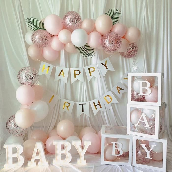 Lot de 4 boîtes à ballons pour décoration de fête prénatale – Boîtes  blanches transparentes avec 30 lettres Baby + A-Z pour garçons et filles –