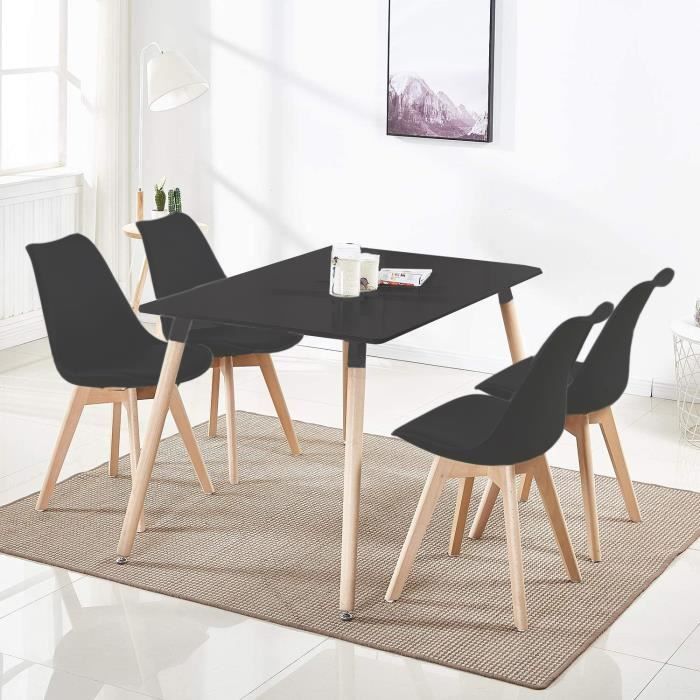 Ensemble Table à Manger 4 à 6 Personnes + 4 Chaises Noires - Design Scandinave Salle à Manger, Cuisine, Salon, Bureau