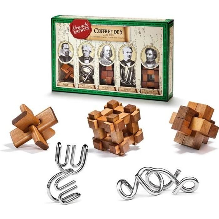 Coffret 5 casse-têtes bois et métal - Kepler, Faraday, Franklin, Edison ...