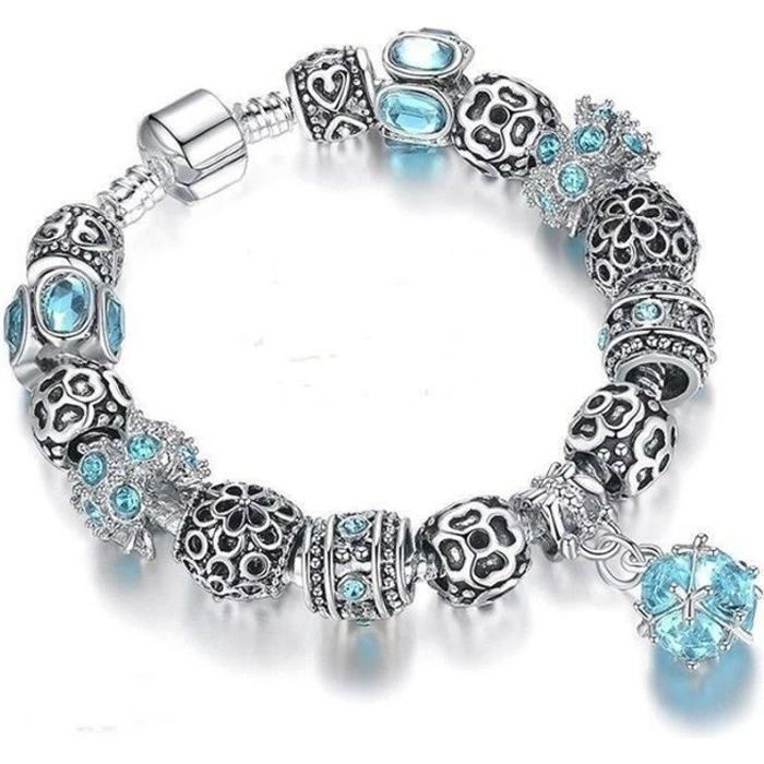 Bracelet - Femme - Maille Serpentine - Boule - Cristal Autrichien - Turquoise - Argent Fin Rhodié - 19 cm