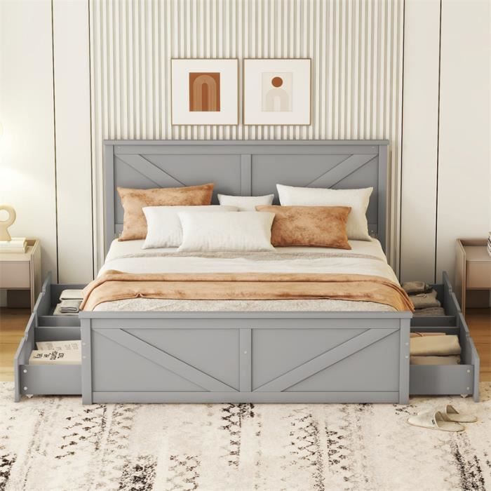 lit avec 4 tiroirs 160x200cm - cadre et tête de lit en bois massif avec sommier à lattes en bois nqturel style industriel - gris