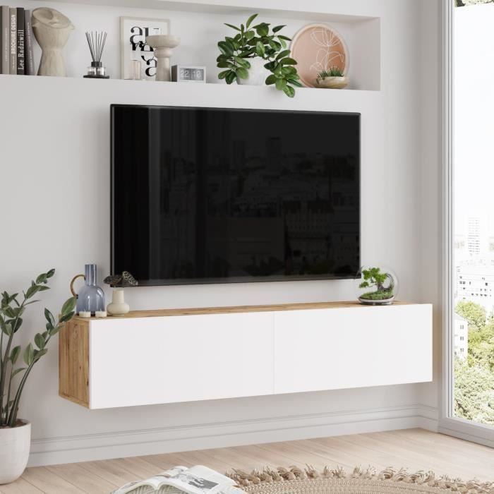 Meuble TV - EN.CASA - Lapinlahti - 2 portes - effet bois de pin - blanc