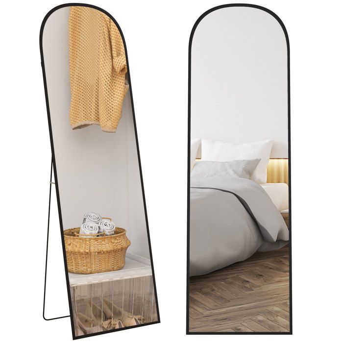 Miroir sur pied - HOMCOM - mural - rectangulaire - arrondi - cadre en aluminium - avec support pour entrée chambre dressing - noir