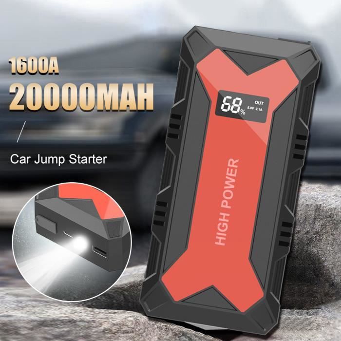 Booster Batterie Portable 20000 mAh 1600A Démarrage de Voiture 12V avec Pinces de Sûreté Iintelligentes (6L de Essence 3.5 L Diesel)