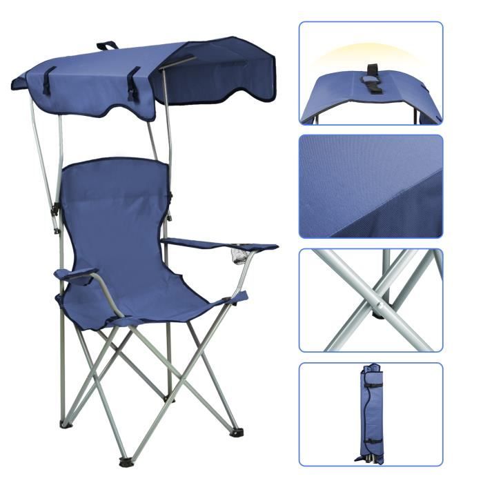 KEDIA. Chaise de Camping Pliante avec Toit Parasol Chaise de Pêche en Cadre Métallique Charge Max 120kg Bleu 50*50*90/120CM