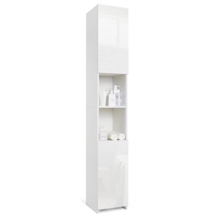meerveil - meuble colonne de salle de bain - armoire de rangement avec 2 portes brillantes, 6 étagères réglables, moderne, bois, 30
