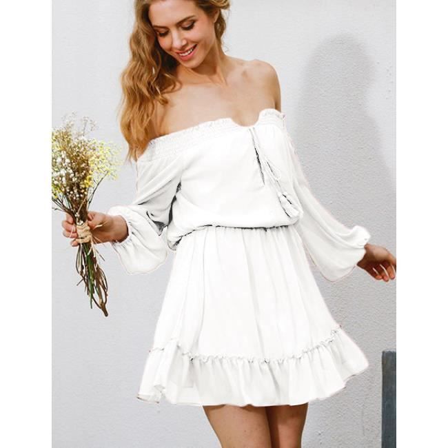 Taille Plus Sexy Femmes V Col Robe Feuille De Lotus Forme Falbala Un Mot Epaule Courte Jupe Sans Manches Robe Taille Blanc Achat Vente Robe Cdiscount