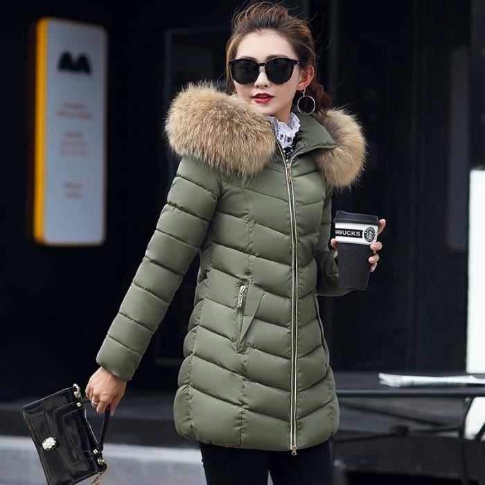 Doudoune Femme Mi Longue Surpiquée Capuche Fourrure Imitation Vert