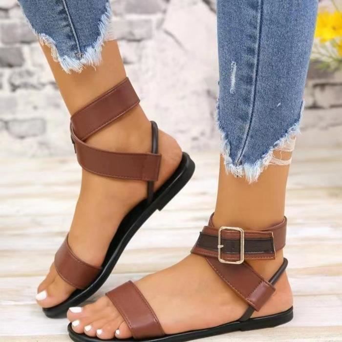 Des sandales Sasaquoy Sandales plates decontractees a bout carre pour femmes Sandales de plage a boucle a boucle unique Brun Brun Cdiscount Chaussures