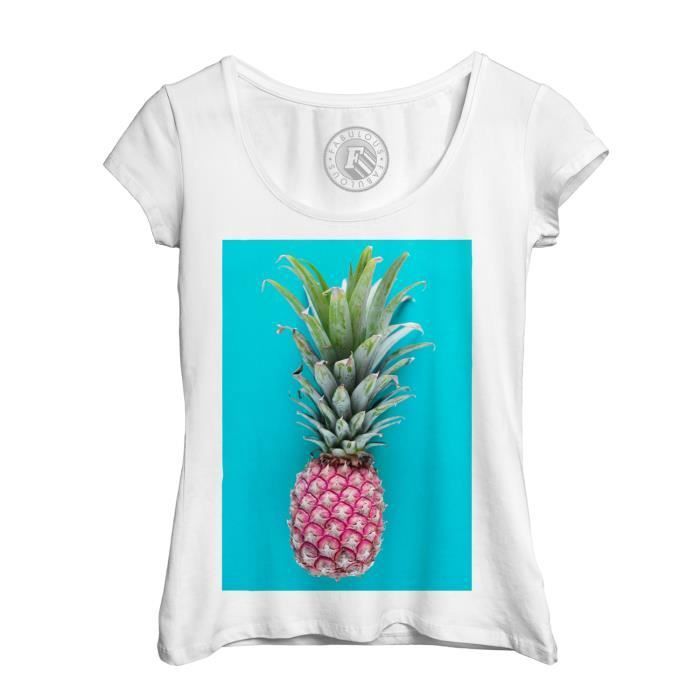 T Shirt Femme Ananas Rose sur Fond Bleu Blanc Blanc Cdiscount