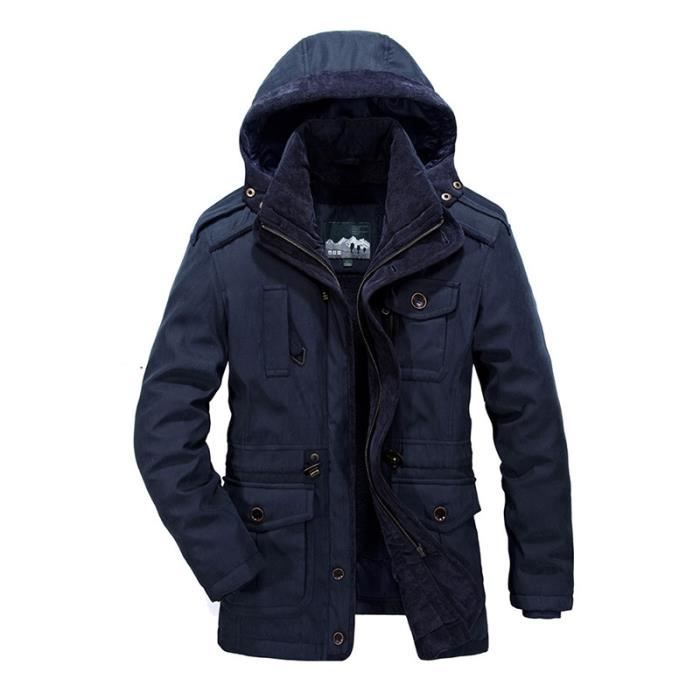 Parka homme a capuche amovible plus de velours Parka hommes a poches multiples avec cordon de serrage a la taille veste Bleu Bleu Cdiscount Pret a Porter