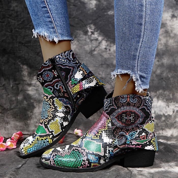 Femmes Motif Serpent Suqare Talons Zipper Broderie Bottillons Courts Bout Rond Chaussures vert Achat Vente Femmes Motif Serpent Suqare pas cher Cdiscount