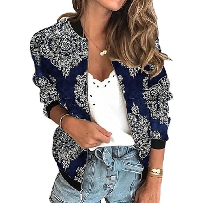 Veste Femme Motard Veste Printemps Ete Leger Bomber Veste Outwear Zippe Imprime Floral Court Veste Bleu Bleu Cdiscount Pret a Porter