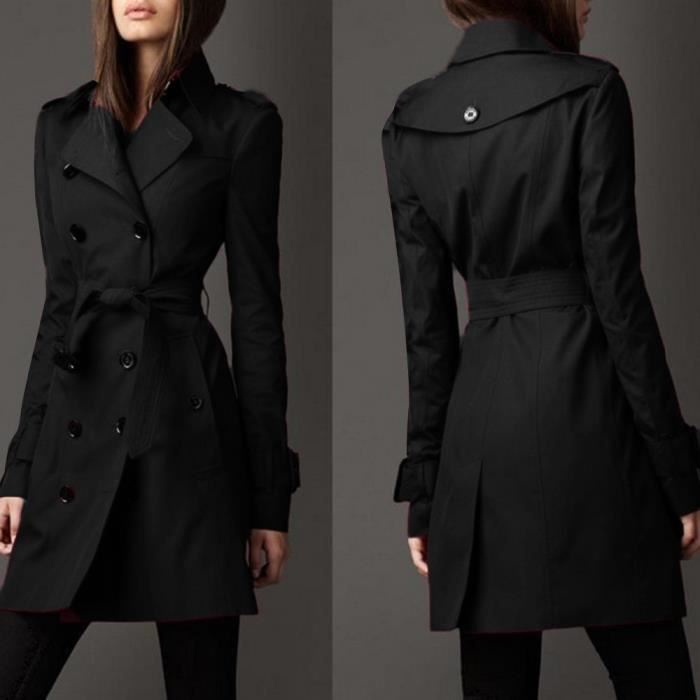 Manteau d hiver pour femme a double boutonnage SlimLong Trench Coat Noir Noir Cdiscount Pret a Porter