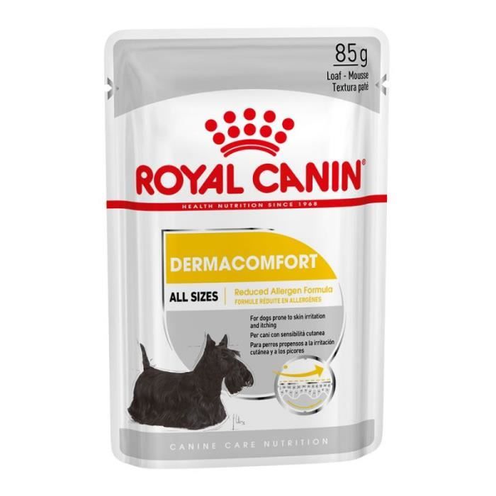 Pâtée - Royal Canin - DERMACOMFORT MOUSSE - Pelage terne - Lot 12 x 85g - Chiens adultes Pâtée - Royal Canin - DERMACOMFORT MOUSSE - Pelage terne - Lot 12 x 85g - Chiens adultes