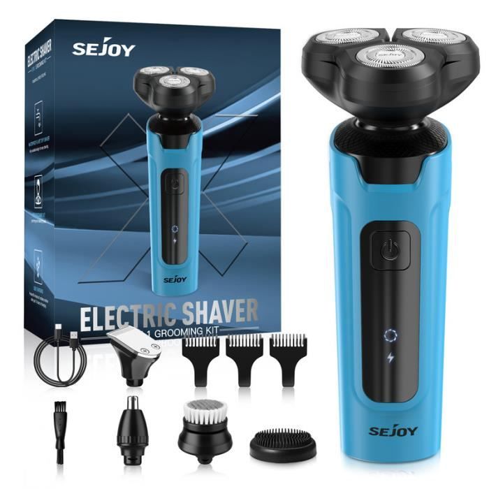 Rasoir Électrique Hommes 3D Flottante Rechargeable 5 En 1 Tondeuse Barbe SEJOY - IPX7 Étanche - Bleu lac