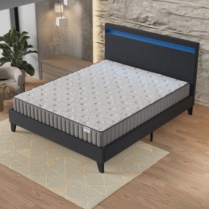 Ensemble MATELAS + LIT (120 x 190cm) Orionis 22cm Mémoire de forme & Mousse HDensité + Sommier stable & tête de lit LED Noir