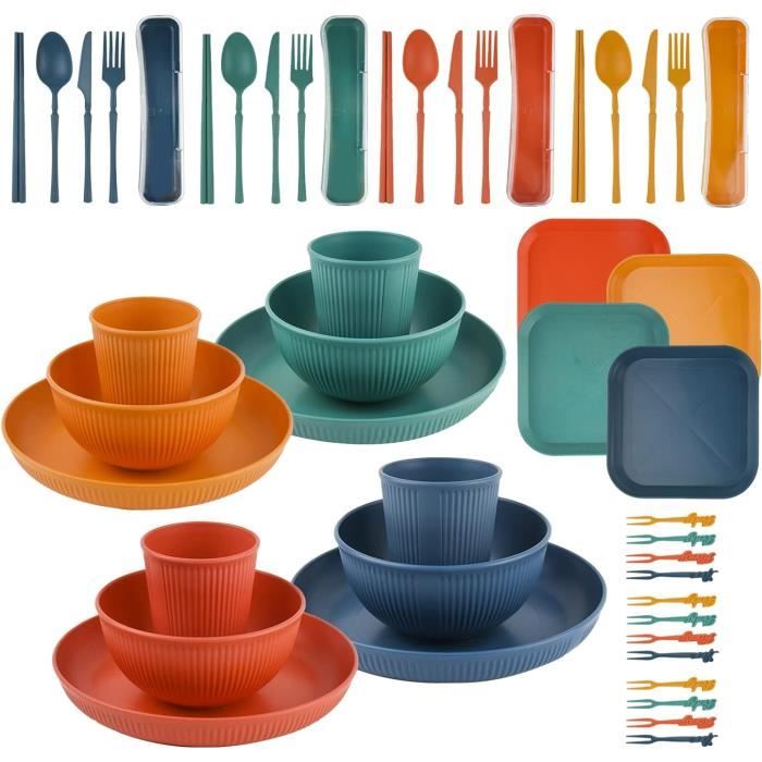 48 pièces vaisselle camping, vaisselle plastique reutilisable, assiette camping accessoires tasses bols fourchettes,[s947]
