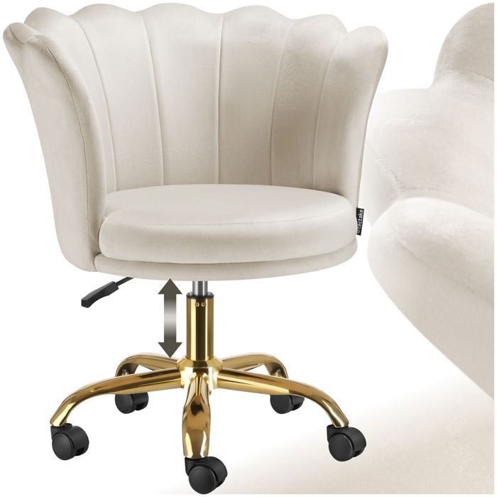 Chaise - TECTAKE - Fauteuil de bureau STELLA rembourré dossier en forme fleur avec revêtement velours 65 x 64 x 78 cm - Crème/Or