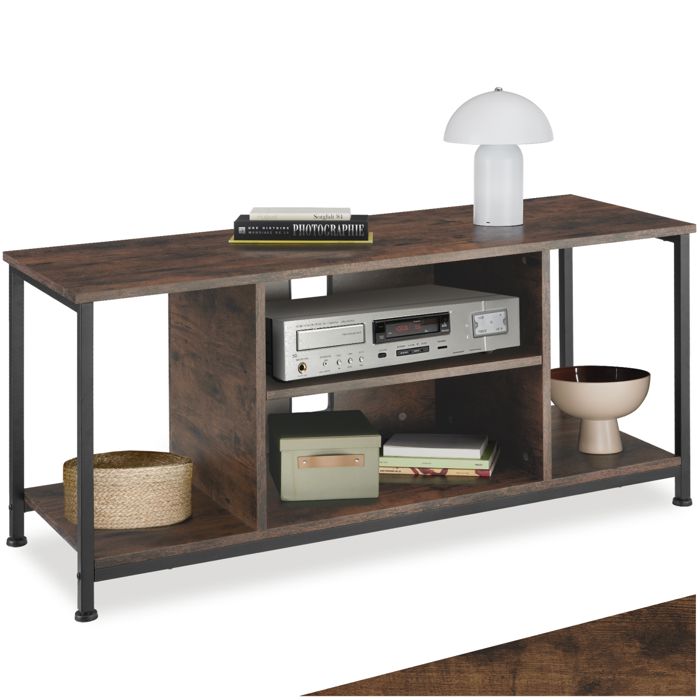 Meuble TV - TECTAKE - Meuble de salon AUSTIN en bois et acier 4 compartiments et étagère réglable 110 x 40 x 505 cm - Bois foncé