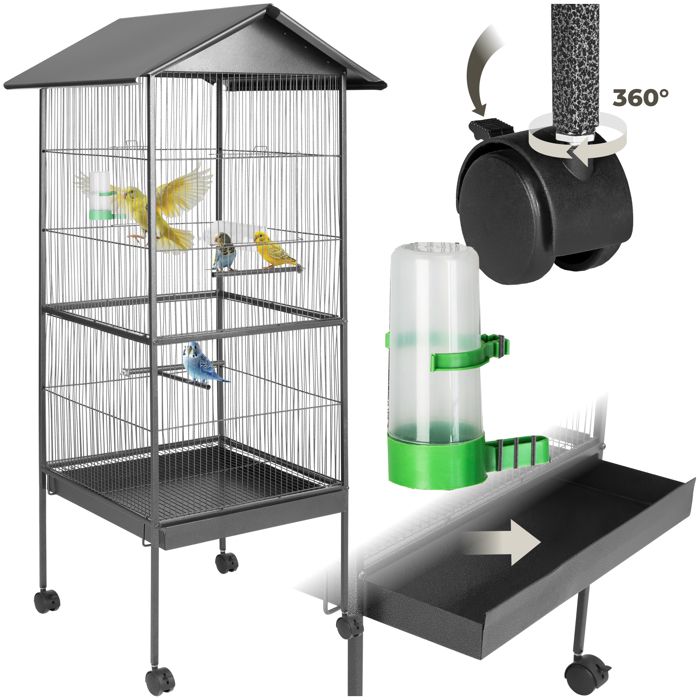 Comparer les prix de TECTAKE Cage à oiseaux 162 cm de haut + Mangeoire + Perchoirs - Gris anthracite