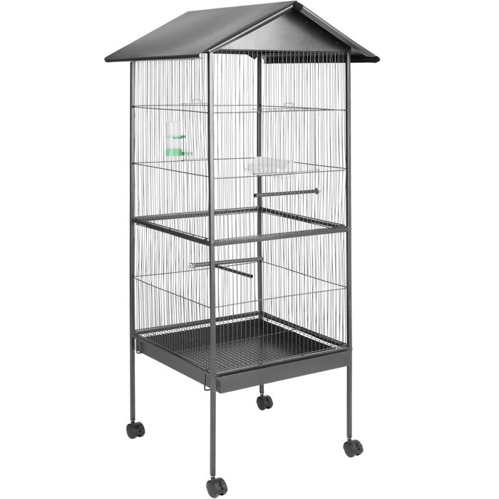 TECTAKE Cage à oiseaux Argentée 162 cm de haut + Mangeoire + Perchoirs