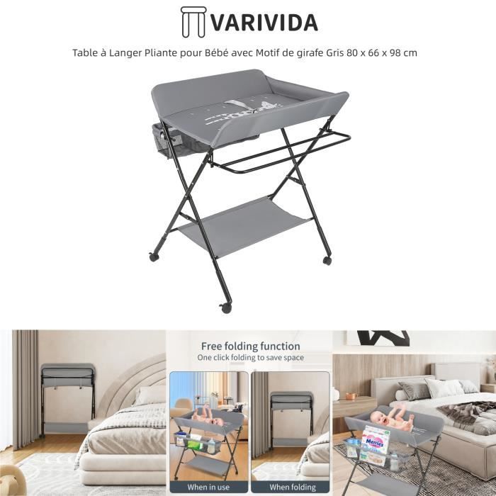 Table à Langer Mobile Pliable - Hauteur Réglable, Avec Panier Rangement Et Roues, Vert