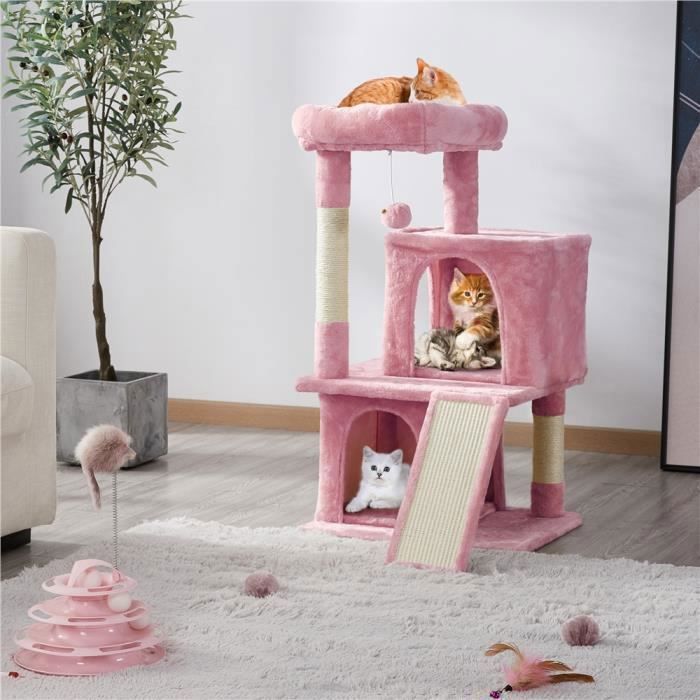 Meilleurs prix pour Arbre à Chat Tour avec Griffoir Rose - 1 Platforme et Colonne en Sisal 2 Niches 1 Boule de Peluche - 49 x 45,5 x 91 cm - Yaheetech
