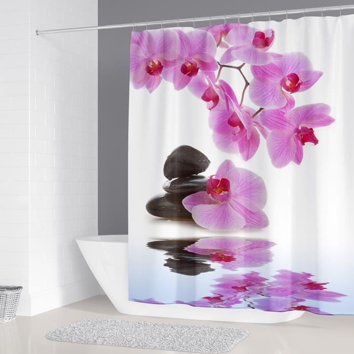 Shower Curtain Rideau de douche en pierre Zen printemps, tissu orchidée fleur, rideau de bain