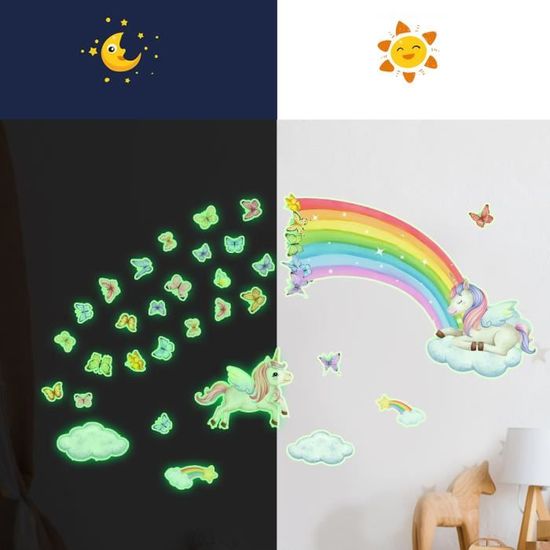 Stickers Muraux Licorne Arc-en-ciel - Décoration Enfant - Autocollants Papillons Nuages étoiles