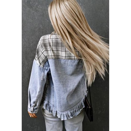 OOTDAY Blouson Veste en Jean Bi matiere Manches Manteau Legere Blazer Printemps Femme LC854131 4 Bleu ciel Cdiscount Pret a Porter