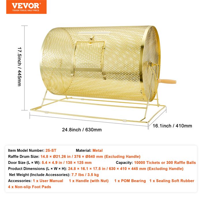 VEVOR Tambour de tombola, peut contenir 2 500 billets ou 100 balles de ping- pong, dessin de loterie en métal avec poignée tournante en bois, 11,6 x 19,1 cm, cage tournante de tickets VEVOR Tambour de tombola, peut contenir 2 500 billets ou 100 balles de ping- pong, dessin de loterie en métal avec poignée tournante en bois, 11,6 x 19,1 cm, cage tournante de tickets