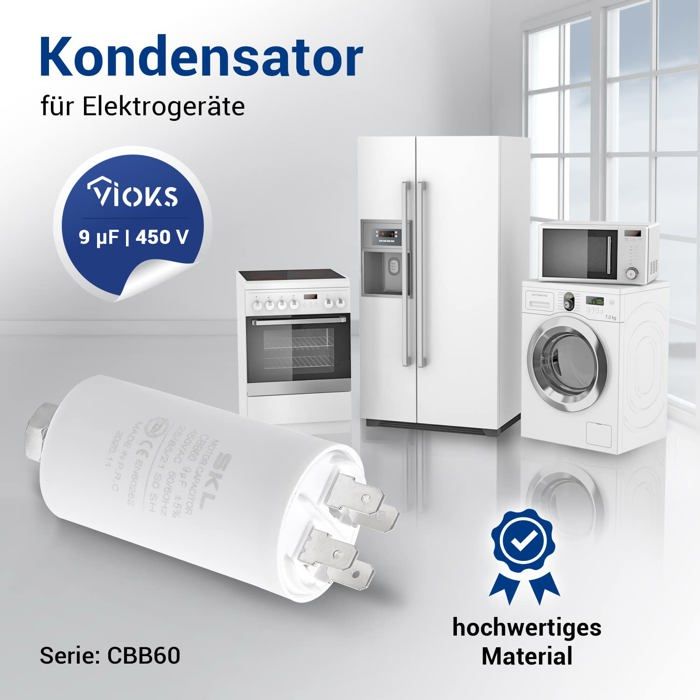 VIOKS Motor Kondensator 9µF 450V Ersatz für Kondensator CBB60 - Kondensator Anlaufkondensator 9µF mit 6,3 mm AMP-Doppelsteckfahnen für Motor
