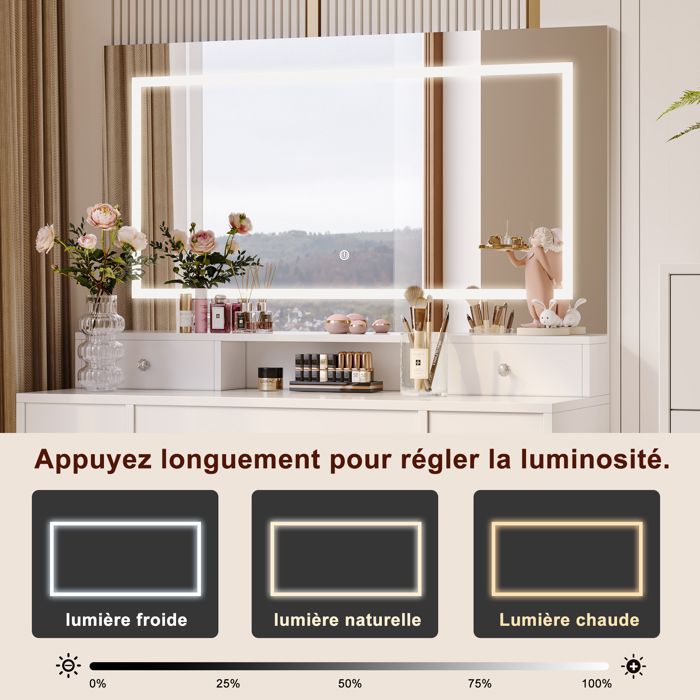 Coiffeuse avec Miroir LED 120x40x120 cm, 5 Tiroirs, Placard Porte Verre, Plateau Verre, Blanc | Leroy Merlin