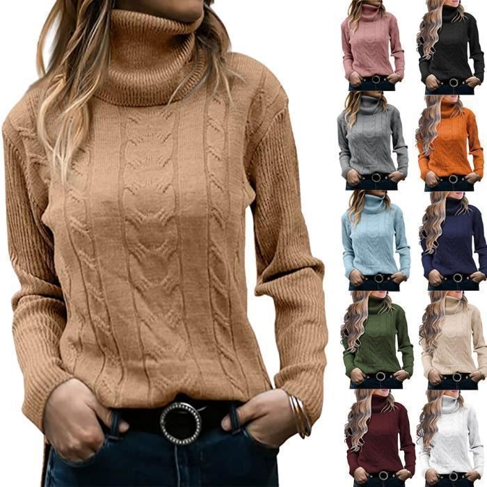 Sous Pull Femme Col Roule en Tricot Automne Hiver Kaki Marron Adulte