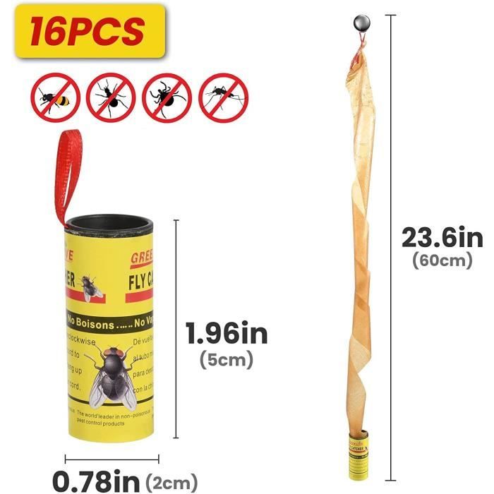 16 Rouleaux Attrape-mouches BTORER - Colle Ultra Forte, Non Toxique, Pour Intérieur/extérieur - 81 Cm