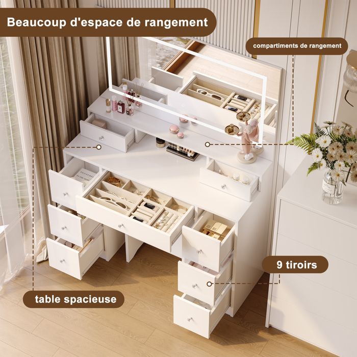 Coiffeuse avec Plateau en Verre Trempé et Miroir LED,USB,Support Sèche- Cheveux,2 Tiroirs,Capacité de Rangement,90x40x145 cm,Blanc - Maison