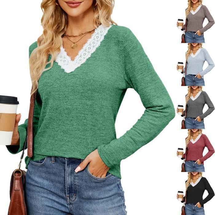 Pull Femme Col V Dentelle - Léger, Doux, Coupe Décontractée - Fentes Latérales